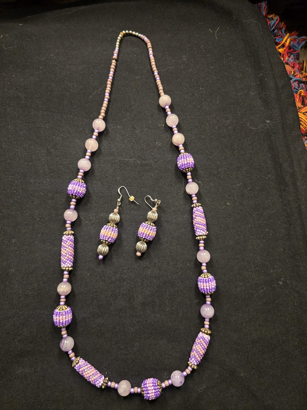 Handcrafted Purple Beaded Necklace and Earring Set
